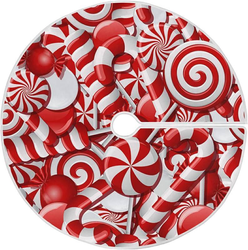 lot 68075 image: Red Christmas Tree Skirt 48 in Candy Canes Winter Tree Mat Decoration Holiday Party Supply for Indoor Outdoor Home Office Ornament