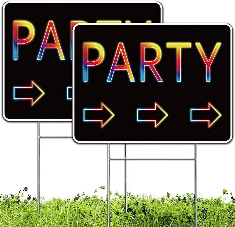 lot 68081 image: 26x16Inches Party Signs, Birthday Party This Way Sign with Arrow for Yard, 2 Pack-16x12 Corrugated Plastic with Metal H-Stakes, Double Sided, UV Protected, WeatherFade Resistant, Outdoor Use, Easy