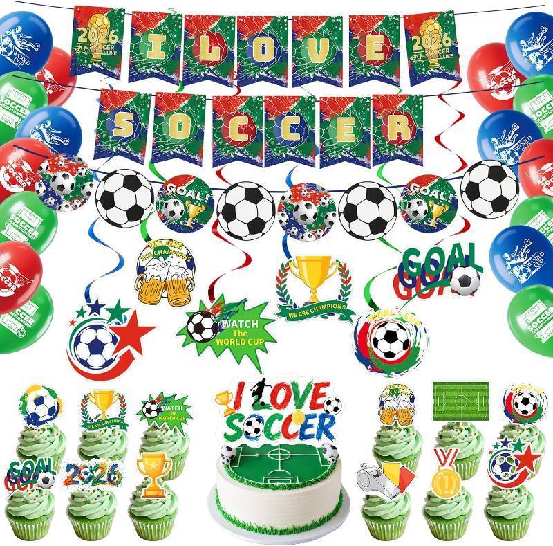 lot 68092 image: 2026 World Soccer Cup Party Decorations,50PCS Football Themed Party Supplies with Banner, Balloons, Hanging Swirls, Cake & Cupcake Toppers for Soccer Birthday Party Celebrations