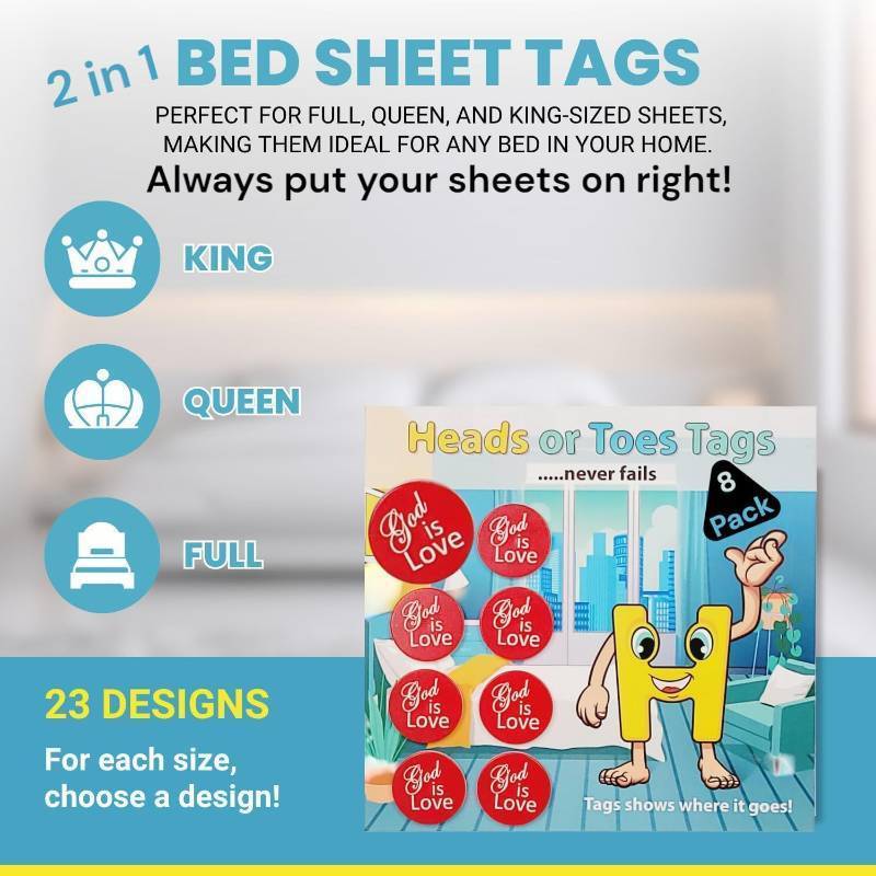 lot 68093 image: 2 in 1 Bed Sheet Marking Tags - King, Queen or Full. for Each Size, Choose a Design. Plus Quick Identification to Put Your Bed Sheets on Right. Great Gift Ideas #1 in TagsSheet Snaps. (God is Love)