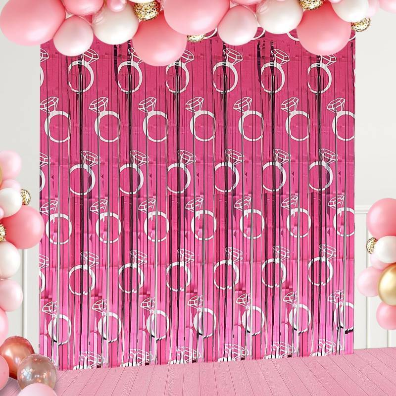 lot 68106 image: Bachelorette Party Backdrops Decor, 4 Pcs Diamond Ring Foil Fringe Curtains Rose Gold Tinsel Streamers for Bride-to-Be, Engagement, Wedding Shower, Bridal Shower Party Decorations
