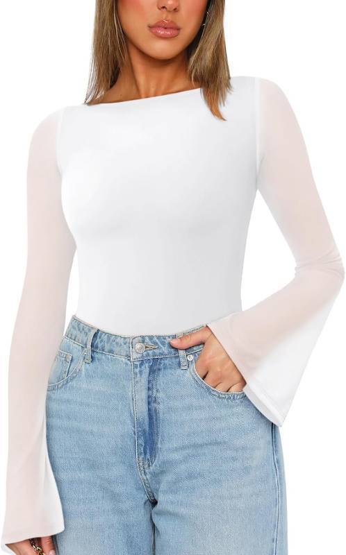 lot 68120 image: Small REORIA Womens Trendy Sexy Boat Neck Bell Sleeve Sheer Mesh Going Out Bodysuit Tops SMALL