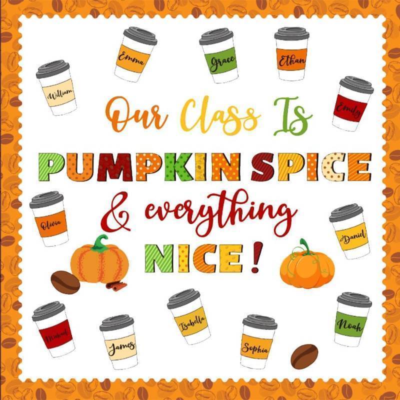 lot 69231 image: 10 inches x 8 inches Fall Coffee Cup Bulletin Board Set   We are Pumpkin Spice and Everything Nice Pumpkin & Coffee Cutouts for Autumn Classroom D or, Thanksgiving, Halloween and Fall Bulletin Boar