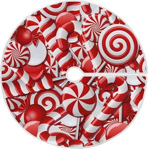 lot 68270 image: Red Christmas Tree Skirt 48 in Candy Canes Winter Tree Mat Decoration Holiday Party Supply for Indoor Outdoor Home Office Ornament