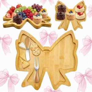 lot 68275 image: LemonRoad Wooden Bow Party Decorations Bowtie Boards with Knives Forks for Baby Shower Girl Birthday Food Trays Platter Fillable Dish Plates with PVC Bag Wedding Gender Reveal Party Tabletop Supply