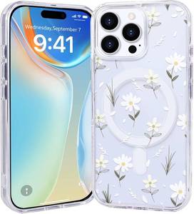lot 68297 image: Magnetic for iPhone 16 Pro Max Case, Cute Flowers Aesthetic Design Clear Case Compatible with MagSafe Wireless Soft Bumper Protective Durable Slim Thin Phone Cover for Women Girl, White