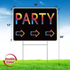 26x16Inches Party Signs, Birthday Party This Way Sign with Arrow for Yard, 2 Pack-16"x12" Corrugated Plastic with Metal H-Stakes, Double Sided, UV Protected, Weather/Fade Resistant, Outdoor Use, Easy