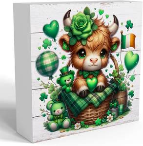 lot 68308 image: 5x5 inches St Patricks Day Decorations, St Patricks Day Decorations for Table, Heart Rose Highland Cow Shamrock Decoration, Retro Wooden Box Sign for Home Office Bathroom Party Tiered Tray Shelf Decor