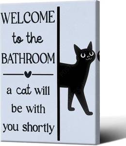 lot 68336 image: 16L x 24W ZTCYBWH Black Cat Poster Bathroom Canvas Wall Art Print Modern Minimalist Cute Cat Pictures Black and White Wall Toilet Decor Welcome To The Bathroom Posters 16X24 in Unframed