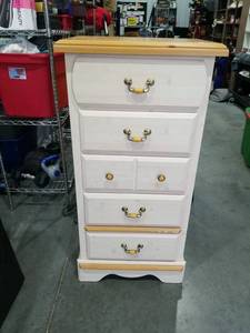 lot 1011 image: 5-Drawer Chest White and Natural Wood with Brass Handles Some Damage See Pictures