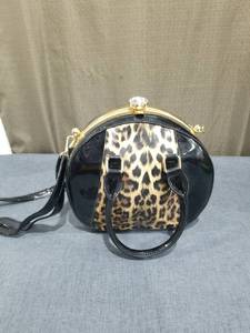 lot 1048 image: Round Leopard Print Handbag with Black Handles and Gold-Tone Frame