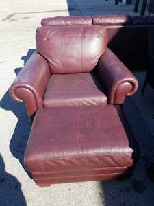 lot 35 image: Ethan Allen Burgundy Upholstered Armchair with Ottoman Some Damage See Pictures