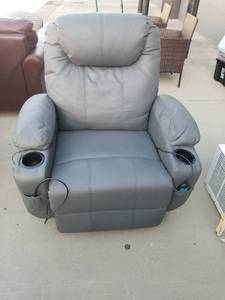 lot 37 image: Gray Power Recliner Chair with Cup Holders and Massage Remote Controls