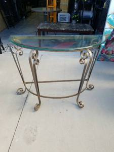 lot 43 image: Glass Top Console Table with Scrolled Metal Base