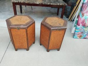 lot 47 image: Pair of Hexagonal Storage Trunks with Woven Panels and Metal Hardware Some Damage See Pictures
