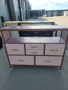 lot 2699 image: Pink Dresser with Mesh Storage Shelves and Brass Handles wOutlets