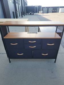 lot 2700 image: Desk with Drawers Storage Cabinet Metal Legs Mesh Sides 4-Outlet Power Strip