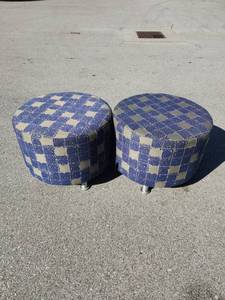 lot 2705 image: Pair of Round Upholstered Ottomans with Casters Blue Argyle Pattern