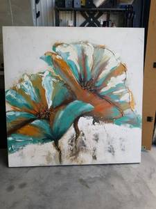 lot 2713 image: Floral Painting Canvas Flowers Turquoise Orange White 59 x 60 Inches
