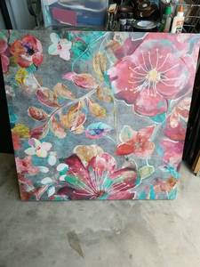 lot 2714 image: Kirklands Floral Wall Art Canvas Print Pink Teal Flowers