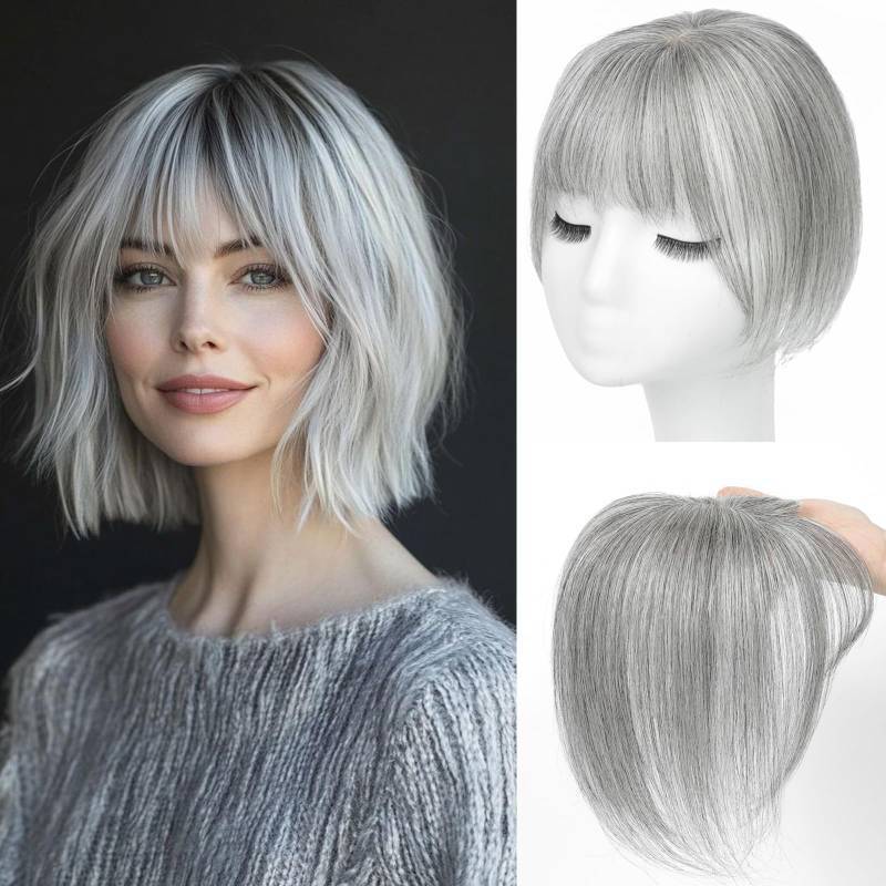 lot 26630 image: Hair Toppers for Women Real Human Hair, 360° 3D Cover Toppers Hairpieces for Women with Thinning Crown Wispy Clip in Bangs Realistic Scalp Hairline (Gray02, Wispy Bangs) - Retail $40