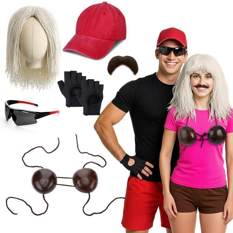 lot 72243 image: 6 Pcs Halloween Hawaiian Couple Costume Daily Love Movie Costume Accessories Include Coconut Bra Mophead Wig Mustache Baseball Cap Gloves Glasses for Adults Cosplay Party