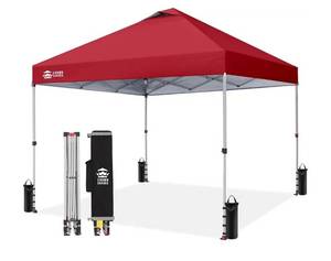 lot 29640 image: CROWN SHADES 10x10 Pop Up Canopy Tent with One Push Setup, Red. BAG DAMAGED, LEGS SCUFFED. - Retail $150