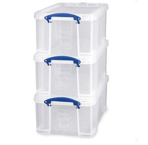 lot 29622 image: Really Useful Box 32 Liter Storage Container, 3 Pack, Bin with Snap Lid and Clip Lock Handles - Retail $83