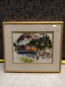 lot 3019 image: Russell Steel Framed Print Train Locomotive Bridge Forest Scene Signed