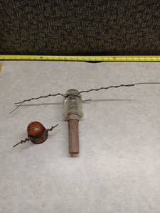 lot 3045 image: Glass Telegraph Insulator on Wood Pin with Wire and Brown Glazed Ceramic Insulator Lot