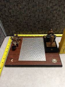lot 3051 image: Morse code telegraph practice set featuring a brass straight key and a sounder mounted on a wooden board.