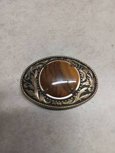 lot 3065 image: Belt Buckle with Brown Stone Center Oval Ornate Design