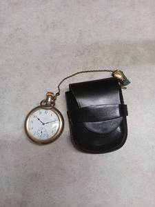 lot 3077 image: Elgin Pocket Watch with Black Leather Chain Fob Case