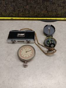 lot 3141 image: 3-Piece Lot Waltham 8 Days Clock Compass Camera Made in Japan