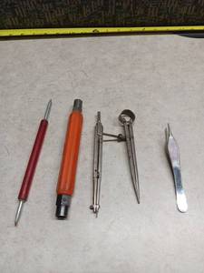 lot 3142 image: Drafting Tools Lot - Compass, Dividers, Tweezers, Scriber, Needle Tool 5-piece
