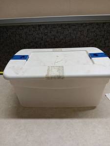 lot 3165 image: White Plastic Storage Container with Blue Handles