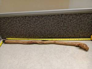 lot 3170 image: Carved Wooden Walking Stick with Grotesque Head Carving at the Grip End.