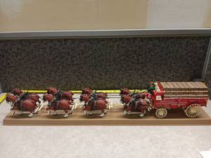 lot 3200 image: Plastic Horse-Drawn Wagon Display Model with 4 Brown Horses and Red Cargo Cart