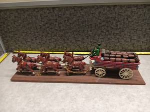 lot 3201 image: Cast Iron Horse-Drawn Wagon Display Model with 6 Horses, Driver Figure, Barrels, Wood Base