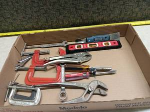 lot 3206 image: Hand Tools Lot Stanley C-Clamps Pipe Wrenches Level Pliers Screwdrivers