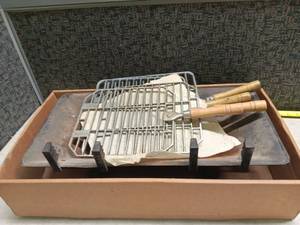 lot 3213 image: Grill Basket Set with Wooden Handles and Cast Iron Metal Tray 4-Piece