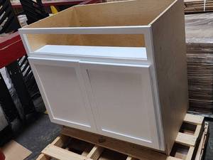 lot 23 image: 36 White Base Cabinet with Box of Parts to Finish (See Pics)