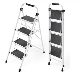 lot 19 image: Step Ladder, 4 Step Folding Ladder with Handrails Heavy Duty Steel Stool Sturdy Collapsible Portable Ladder with Anti-Slip Wide Pedal, White