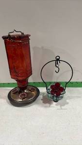 lot 1010 image: 2 Hummingbird Feeders Red Glass Decorative Flower Design
