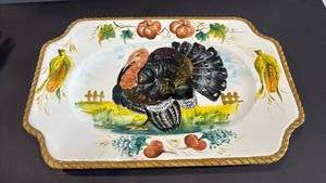 lot 1014 image: Decorative Serving Platter with Turkey and Corn Motif Gold Trim 22x14