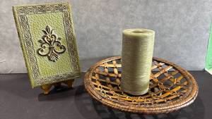 lot 1016 image: Decorative Box Set with Candle Holder and Woven Tray 3-Piece