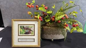 lot 1025 image: Framed Bird Nest Photo Print with Inspirational Quote and Faux Floral In Vase
