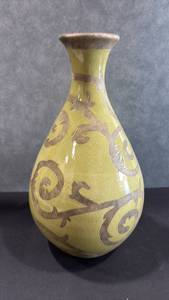 lot 1027 image: Decorative Vase Yellow with Brown Scrollwork Pattern 14 inches tall