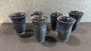 lot 1028 image: Kirk Ceramic Cups Set of 6 Blue Speckled Glazed Vessels