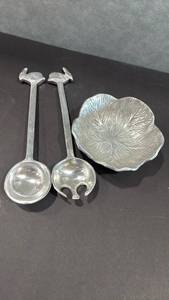lot 1031 image: Pewter Leaf Dish with Rabbit Serving Fork and Spoon